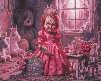 Chucky horror diamond painting with creepy tea party and dolls