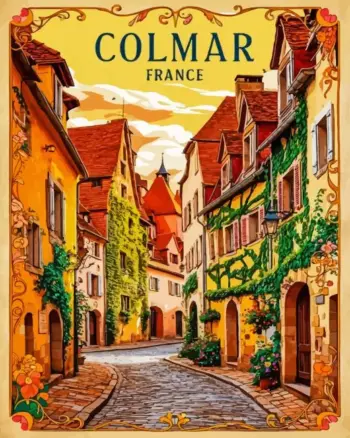Colmar France poster diamond painting kit — colorful historic streets and charming French architecture