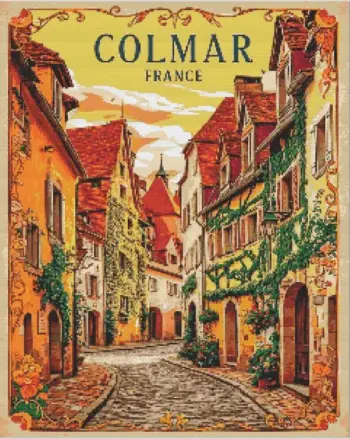 Colmar France poster diamond painting kit — colorful historic streets and charming French architecture