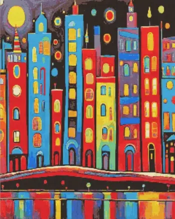 Colorful city diamond painting kit — vibrant urban cityscape filled with bright colors