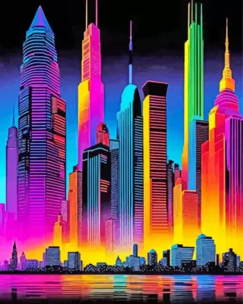Colorful city skyline diamond painting kit — vibrant urban skyline with bright city lights