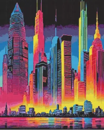 Colorful city skyline diamond painting kit — vibrant urban skyline with bright city lights