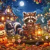 Halloween forest diamond painting with raccoon lantern skunk frog witch and pumpkins