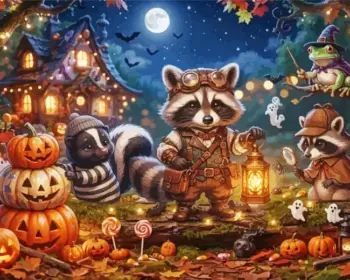 Halloween forest diamond painting with raccoon lantern skunk frog witch and pumpkins