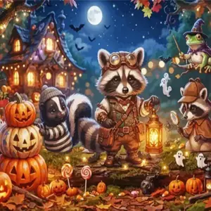 Halloween forest diamond painting with raccoon lantern skunk frog witch and pumpkins