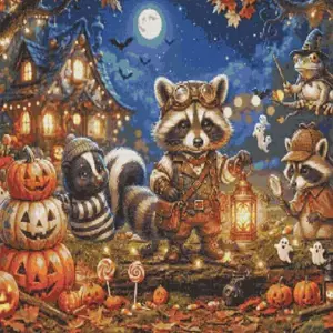 Halloween forest diamond painting with raccoon lantern skunk frog witch and pumpkins