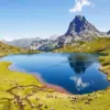 France Lake Gentau diamond painting kit — peaceful mountain lake surrounded by the French Pyrenees
