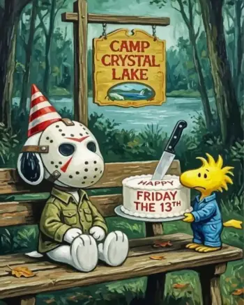 Snoopy dressed as Jason Voorhees Halloween diamond painting at Camp Crystal Lake