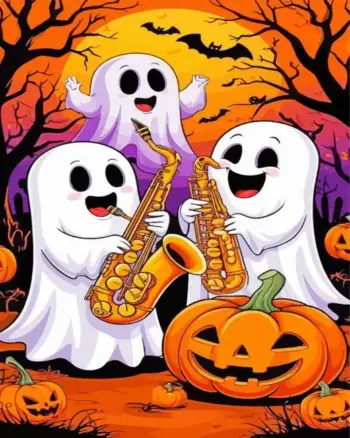 Ghost party Halloween diamond painting with three ghosts playing music