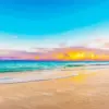 Golden beach sunset diamond painting kit — glowing sun over turquoise waves and sandy shore