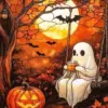 Cute Halloween ghost drinking a hot drink while swinging with cozy fall vibes