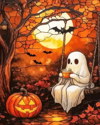 Cute Halloween ghost drinking a hot drink while swinging with cozy fall vibes