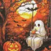 Cute Halloween ghost drinking a hot drink while swinging with cozy fall vibes
