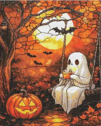 Cute Halloween ghost drinking a hot drink while swinging with cozy fall vibes