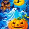 Halloween night diamond painting with pumpkins and spooky decorations