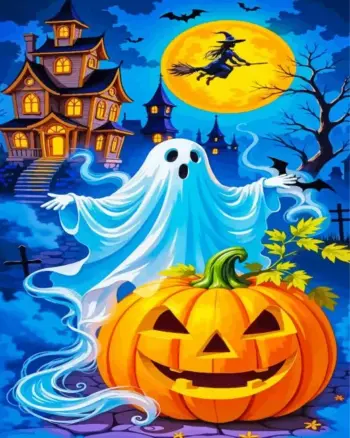 Halloween night diamond painting with pumpkins and spooky decorations
