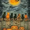Many cats looking at the full moon on a Halloween night