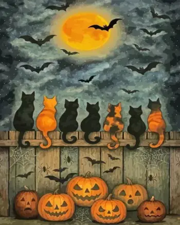 Many cats looking at the full moon on a Halloween night