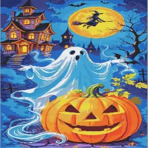 Halloween night diamond painting with pumpkins and spooky decorations