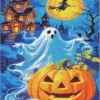 Halloween night diamond painting with pumpkins and spooky decorations