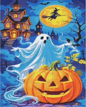 Halloween night diamond painting with pumpkins and spooky decorations