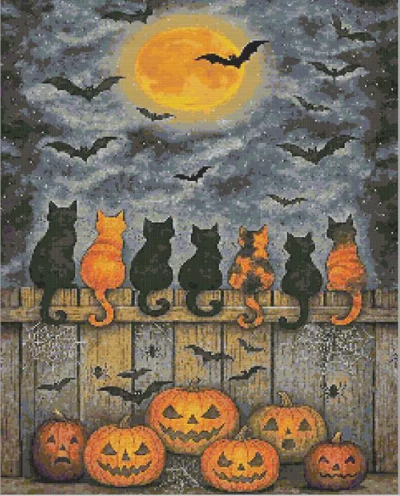Halloween night Diamond Paints Many cats looking at the full moon on a Halloween night