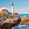 Harbour lighthouse diamond painting kit — coastal lighthouse overlooking a peaceful harbor
