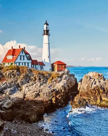 Harbour lighthouse diamond painting kit — coastal lighthouse overlooking a peaceful harbor