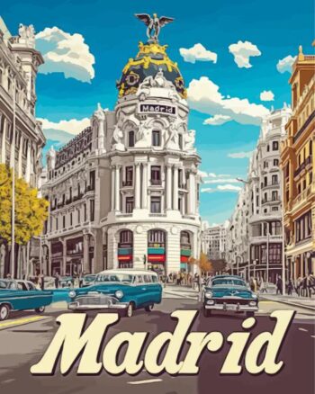 Madrid city poster diamond painting kit — vintage Madrid travel poster artwork
