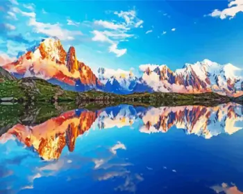 Mont Blanc water reflection diamond painting kit — snowy Alpine peaks mirrored in calm water
