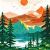 Mountain lake diamond painting kit — serene mountain landscape with a clear lake