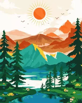 Mountain lake diamond painting kit — serene mountain landscape with a clear lake