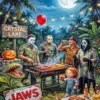 Horror movie icons Michael Myers Jason Freddy Ghostface and Chucky at a Halloween cookoutHorror movie icons Michael Myers Jason Freddy Ghostface and Chucky at a Halloween cookout