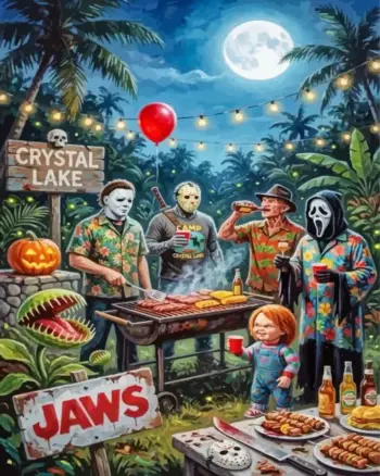 Horror movie icons Michael Myers Jason Freddy Ghostface and Chucky at a Halloween cookoutHorror movie icons Michael Myers Jason Freddy Ghostface and Chucky at a Halloween cookout