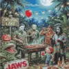 Horror movie icons Michael Myers Jason Freddy Ghostface and Chucky at a Halloween cookout