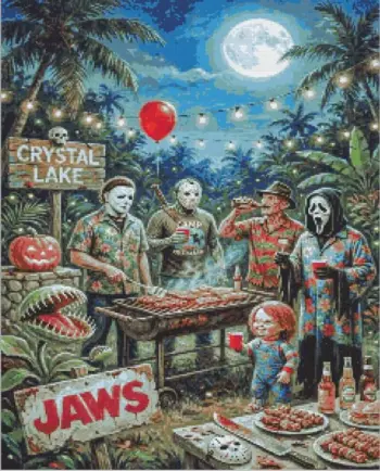 Horror movie icons Michael Myers Jason Freddy Ghostface and Chucky at a Halloween cookout