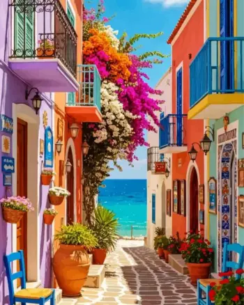 Seaside village diamond painting kit — charming coastal homes overlooking the sea