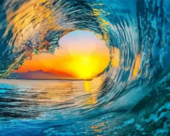 Sunset wave diamond painting kit — rolling ocean wave beneath a colorful sunset sky
