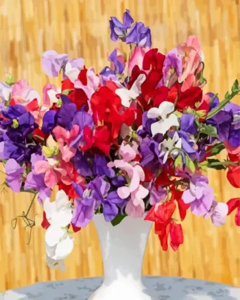 Sweet pea vase diamond painting kit — colorful sweet pea flowers arranged in a vase