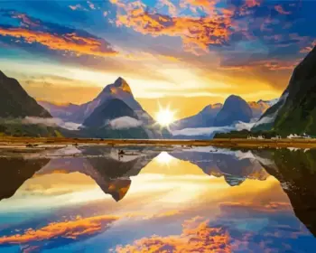 Milford Sound diamond painting kit — dramatic mountains reflected across peaceful New Zealand waters