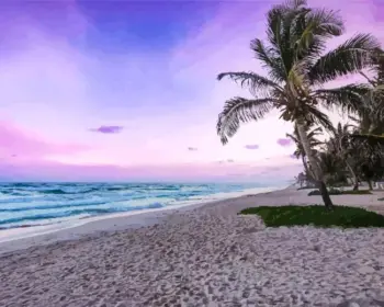 Tulum Beach sunset diamond painting kit — tropical Mexican beach beneath a glowing sunset sky