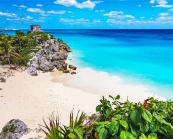Tulum Mexico Beach diamond painting kit — turquoise Caribbean water and tropical sandy shore