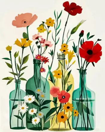 Wildflowers in jars diamond painting kit — colorful blooms arranged in rustic glass jars