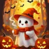 Cute Halloween ghost drinking a hot drink while swinging with cozy fall vibes