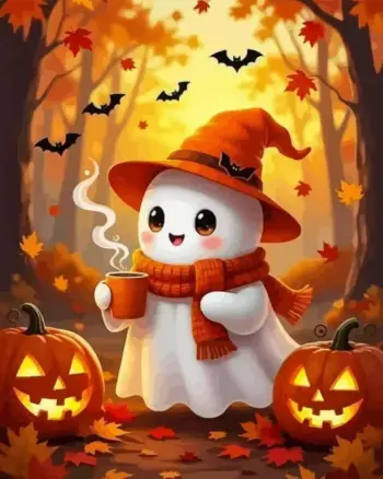 Cute Halloween ghost drinking a hot drink while swinging with cozy fall vibes