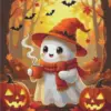 Cute Halloween ghost drinking a hot drink while swinging with cozy fall vibes