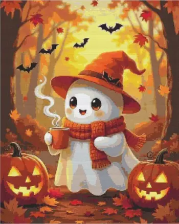 Cute Halloween ghost drinking a hot drink while swinging with cozy fall vibes