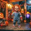 Chucky Halloween diamond painting kit with pumpkins and spooky decorations