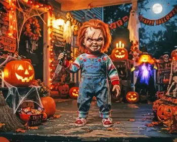 Chucky Halloween diamond painting kit with pumpkins and spooky decorations