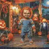 Chucky Halloween diamond painting kit with pumpkins and spooky decorations